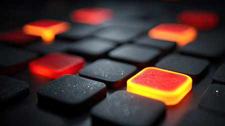 Close up of a computer keyboard with red and orange lights on itの素材