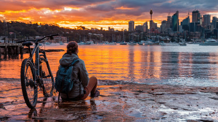 A young woman sits on the bank of the Rio de Janeiro river and looks at the city skyline at sunset.の素材