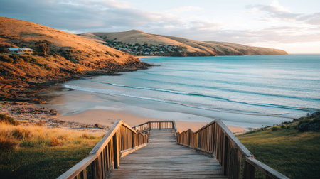 Wooden walkway leading to the beach at sunset in New Zealandの素材