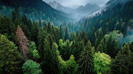 Fantastic foggy mountain landscape with coniferous forest and peaksの素材