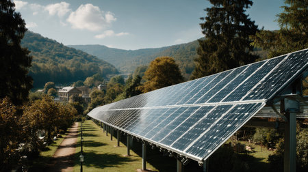 solar energy panels in the countryside with mountains in the background.の素材