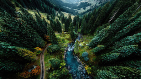 Aerial view of a mountain river in the middle of the forestの素材
