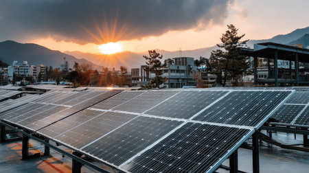 Solar panels on the roof of a building in the city at sunsetの素材