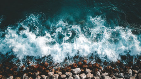 Aerial view of sea waves crashing on the rocks. Top viewの素材