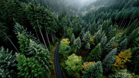 Aerial view of a forest road in the middle of the forestの素材