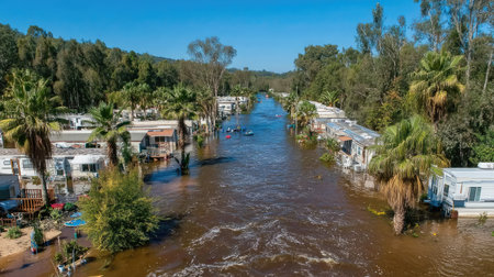 Aerial view of a river flowing through a rural area in Australiaの素材