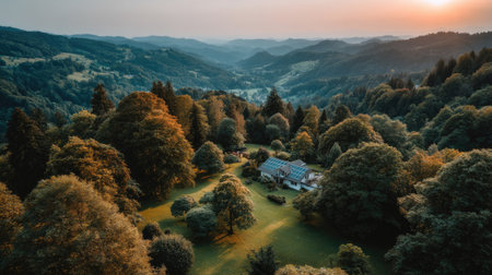 Aerial view of beautiful forest in mountains at sunset. Drone photographyの素材