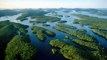 Aerial view of the lake and forest at sunset. Beautiful summer landscape.の素材