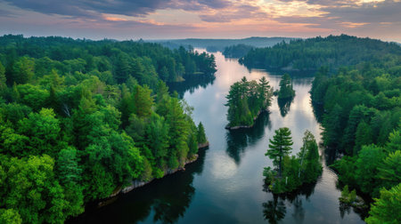 Aerial view of river and forest at sunset. Beautiful summer landscapeの素材