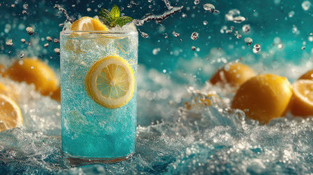 Cocktail with lemon, mint and ice on blue background.の素材