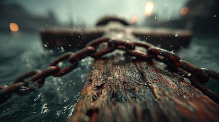 Old wooden boat in the sea with rain drops, close-upの素材