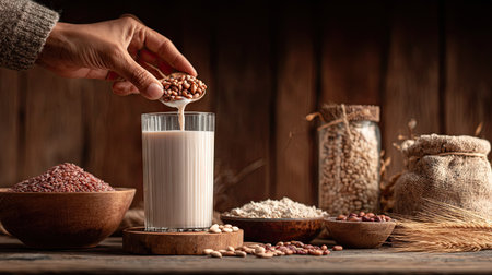 Milk in a glass with grains and cereals on a wooden backgroundの素材