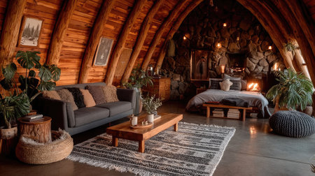 Interior of a room with a wooden roof and a gray sofaの素材