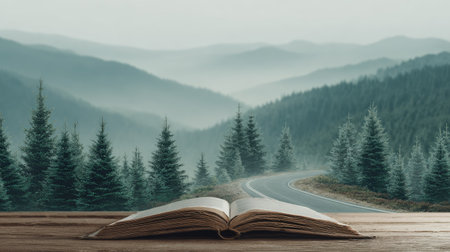 Open book on wooden table with mountain landscape and road in the backgroundの素材