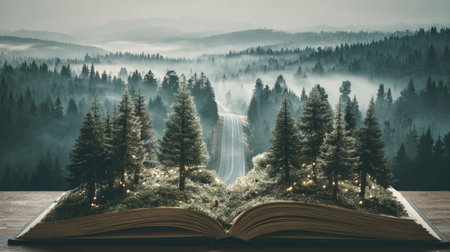 Opened book with magic forest and road on pages. Magical landscapeの素材
