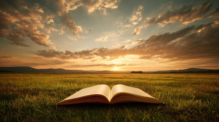 Open book on the grass in the meadow with beautiful sky backgroundの素材