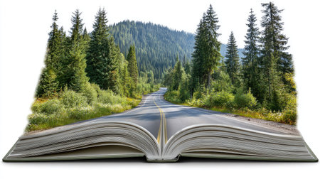 Open book with road and forest. Isolated on white background.の素材