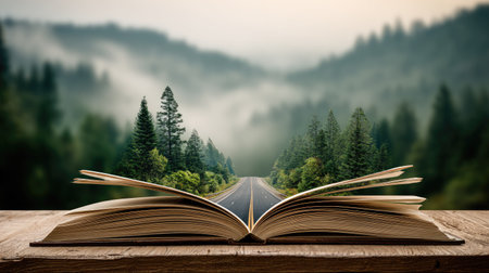 Open book on wooden table with forest and foggy mountain background.の素材