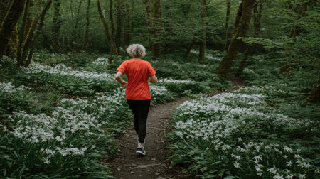 Senior woman jogging in a forest full of white daffodilsの素材