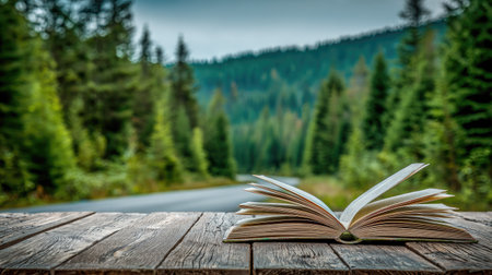 Open book on wooden table in front of forest and mountain landscape.の素材