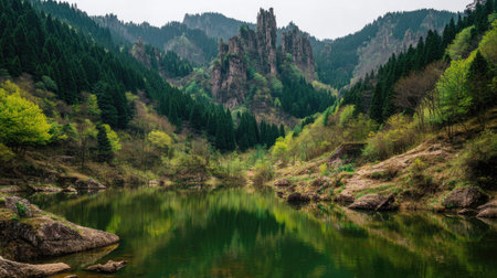Mountain landscape with a lake in the middle of the forest.の素材