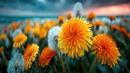 Yellow dandelion flowers in the field at sunset. Nature backgroundの素材