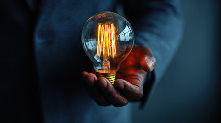 Close up of a man holding a lightbulb in his handの素材