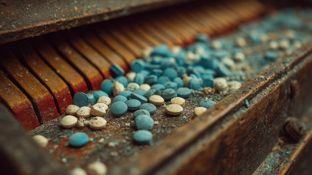 Piano with blue and white pebbles, vintage tonedの素材