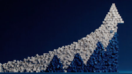 Arrow made of white cubes on blue background. 3D renderingの素材