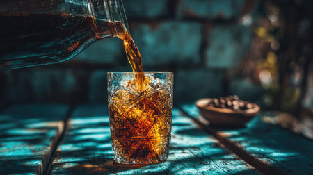 Pouring cola into a glass with ice cubes on a wooden tableの素材
