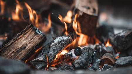 Burning coals in a fireplace, close-up, selective focusの素材