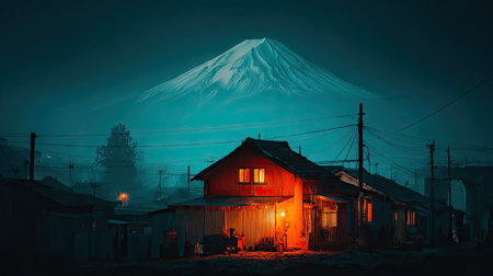 Mt. Fuji in the early morning with a red wooden house.の素材