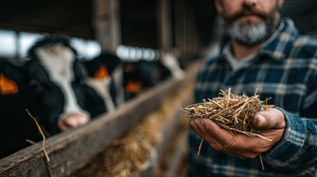 cropped shot of farmer holding straw in barn with cows on backgroundの素材