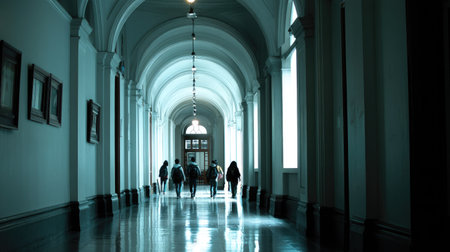 Long corridor of the building with people walking in the center of the buildingの素材