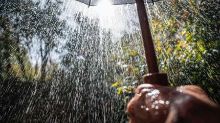Man's hand holding an umbrella under the rain in the garden.の素材