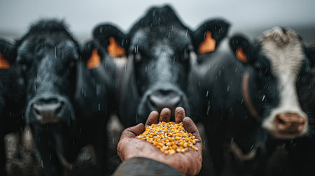 Farmer feeding cows with corn in the farm. Selective focus.の素材