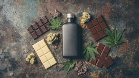 Cannabis oil in bottle and chocolate with marijuana leaves, top viewの素材