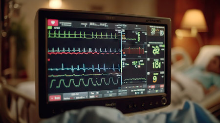 Monitor with ECG monitor in hospital ward. Patient lying on bed.の素材