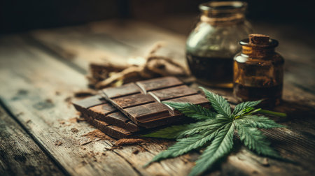 Cannabis leaves and chocolate on a wooden table with copy spaceの素材