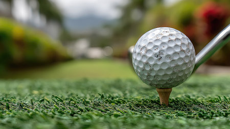 Golf ball and golf club on green grass at golf course.の素材