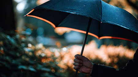 Close up of a man holding an umbrella in a rainy day.の素材