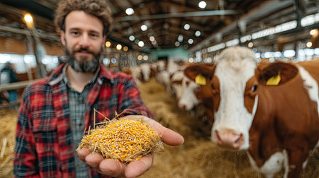 Farmer in checkered shirt holding straw and looking at camera in cowshedの素材