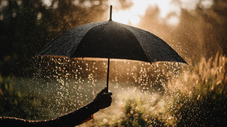 Female hand holding black umbrella under the rain. Close-up view.の素材