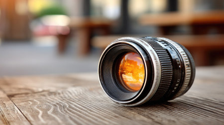 Close up of camera lens on wooden table in cafe. Shallow depth of fieldの素材