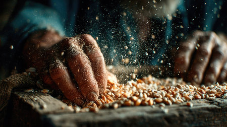 Close up of hands of an old man working in a grain millの素材