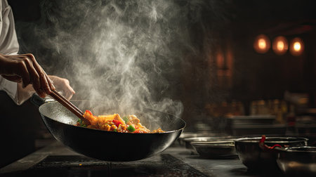 Chef cooking stir-fried chicken with vegetables in a wokの素材