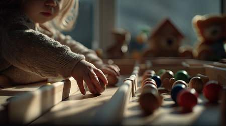 Little girl playing table football at home. Close up of a child playing table footballの素材