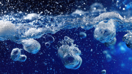 Water splash with bubbles on blue background. Close up view of water surface.の素材