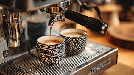 Coffee machine making espresso in a coffee shop, close-upの素材