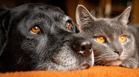 Cat and dog lying together on a sofa. Close-up.の素材